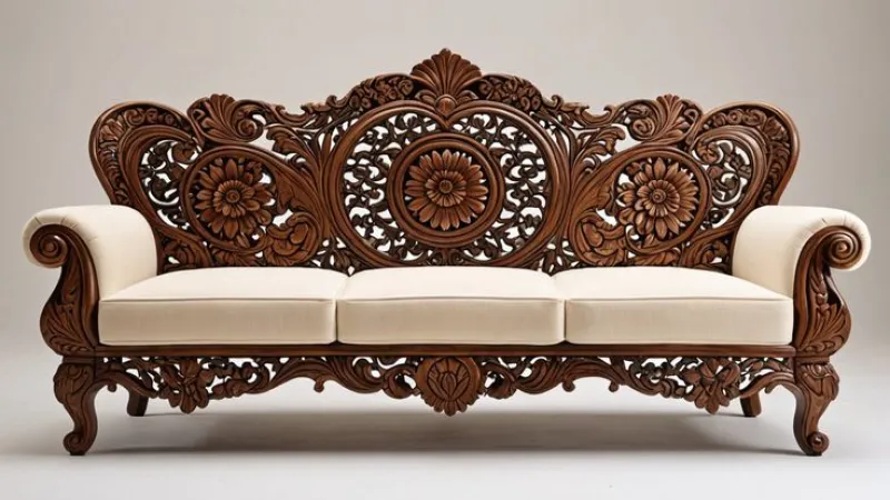 Imperial Bloom Hand Carved Wooden Sofa – 3 Seater