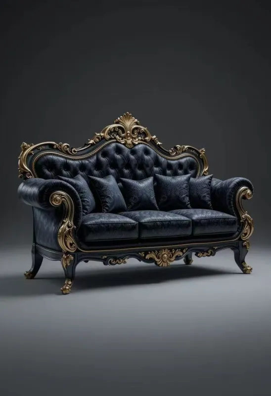 Royal Black Velvet Hand Carved Wooden Sofa – 3 Seater