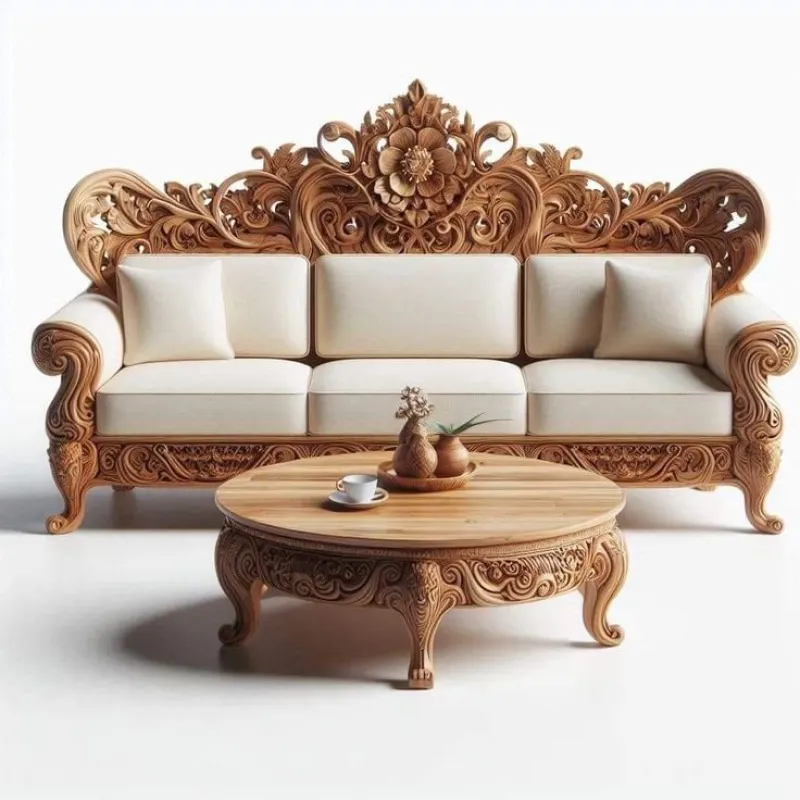 Regal Blossom Hand Carved Wooden Sofa – 3 Seater