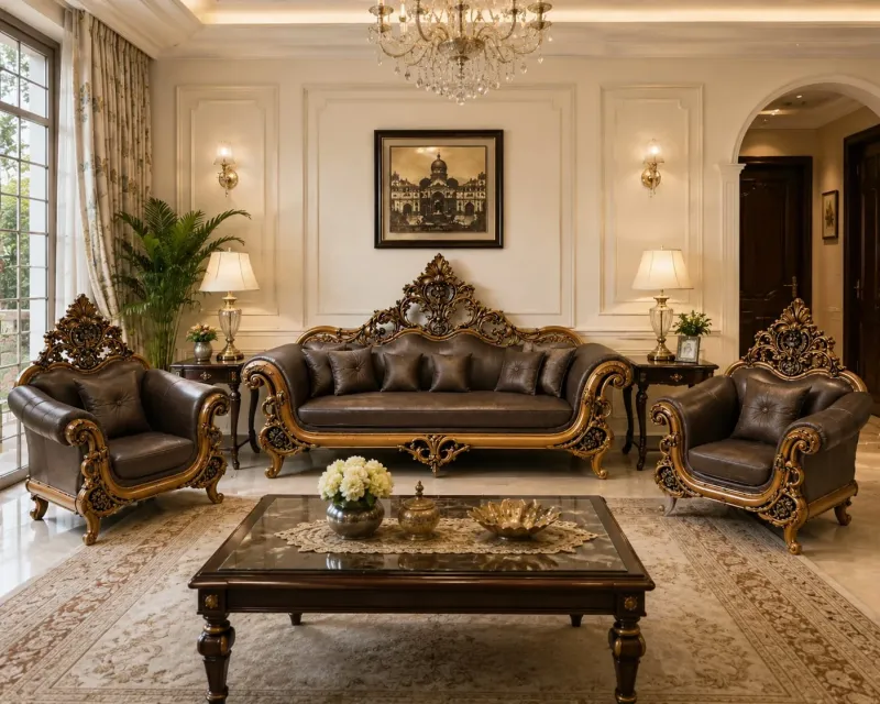 Star Furniture Hand Carved Wooden 3+1+1 Seater Sofa Set | Teak Wood Living Room Furniture | Royal Traditional Sofa Set with Premium Cushioned Seating | Luxury Home Furniture