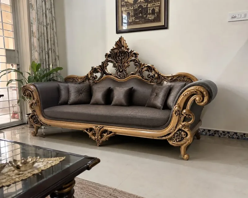 Star Furniture Hand Carved Wooden 3+1+1 Seater Sofa Set | Teak Wood Living Room Furniture | Royal Traditional Sofa Set with Premium Cushioned Seating | Luxury Home Furniture