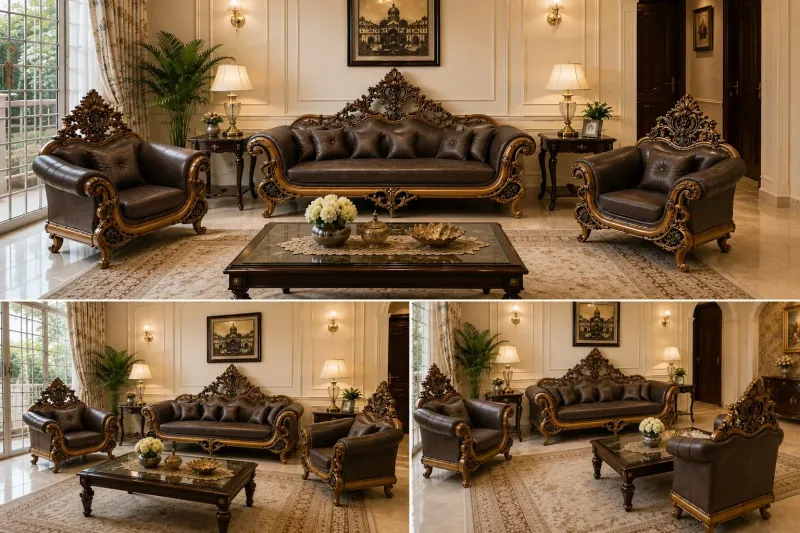 Star Furniture Hand Carved Wooden 3+1+1 Seater Sofa Set | Teak Wood Living Room Furniture | Royal Traditional Sofa Set with Premium Cushioned Seating | Luxury Home Furniture