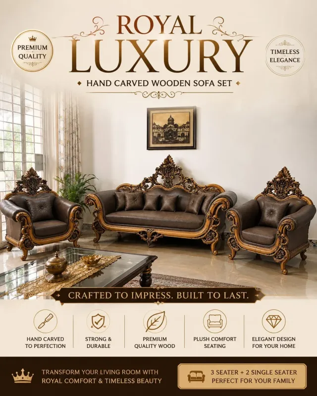 Star Furniture Hand Carved Wooden 3+1+1 Seater Sofa Set | Teak Wood Living Room Furniture | Royal Traditional Sofa Set with Premium Cushioned Seating | Luxury Home Furniture