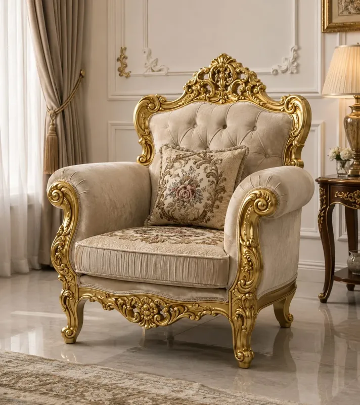 Star Furniture Hand Carved Wooden 1 Seater Sofa Chair | Solid Wood Royal Accent Chair with Premium Cushioned Seat | Traditional Living Room Armchair | Luxury Home Furniture
