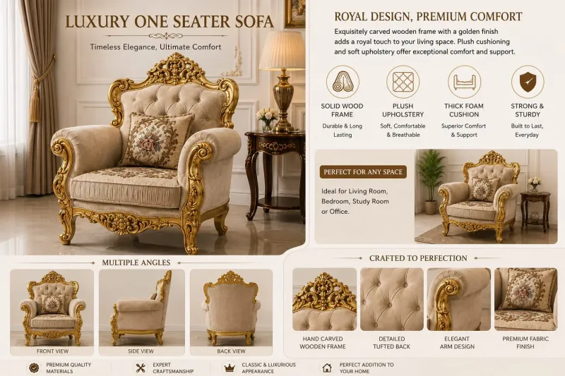 Star Furniture Hand Carved Wooden 1 Seater Sofa Chair | Solid Wood Royal Accent Chair with Premium Cushioned Seat | Traditional Living Room Armchair | Luxury Home Furniture