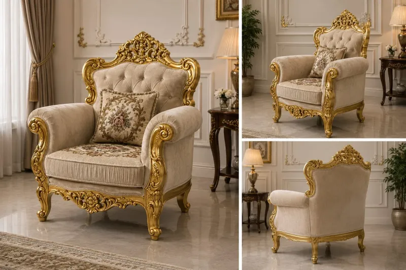Star Furniture Hand Carved Wooden 1 Seater Sofa Chair | Solid Wood Royal Accent Chair with Premium Cushioned Seat | Traditional Living Room Armchair | Luxury Home Furniture