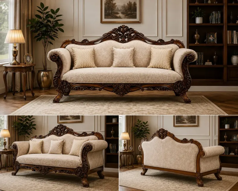 Royal Hand Carved Teak Wooden Luxury Sofa (3 Seater)