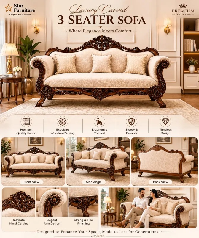 Royal Hand Carved Teak Wooden Luxury Sofa (3 Seater)