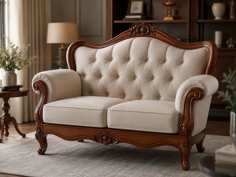Star Furniture Hand Carved Wooden 2 Seater Sofa for Living Room | Teak Wood Upholstered Loveseat | Traditional Royal Design Sofa | Premium Cushioned Seating | Home Furniture