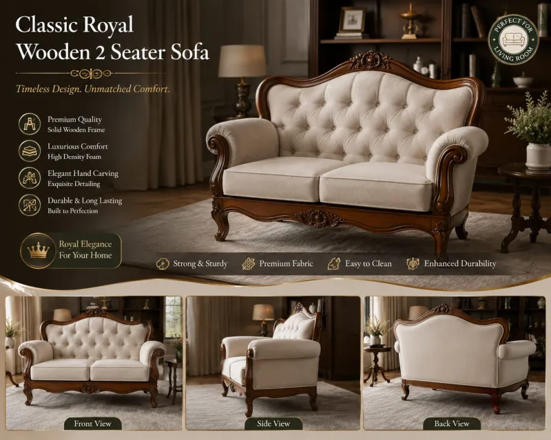 Star Furniture Hand Carved Wooden 2 Seater Sofa for Living Room | Teak Wood Upholstered Loveseat | Traditional Royal Design Sofa | Premium Cushioned Seating | Home Furniture