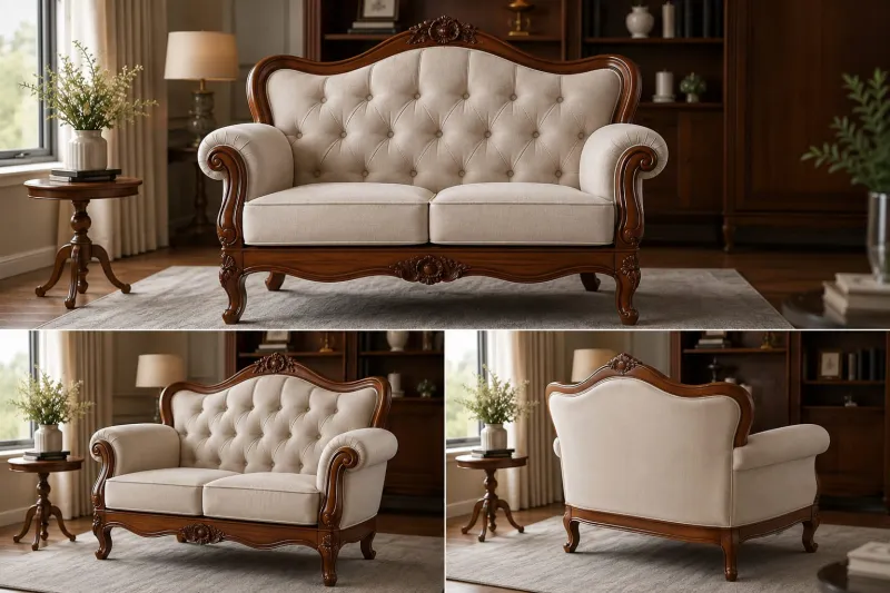 Star Furniture Hand Carved Wooden 2 Seater Sofa for Living Room | Teak Wood Upholstered Loveseat | Traditional Royal Design Sofa | Premium Cushioned Seating | Home Furniture
