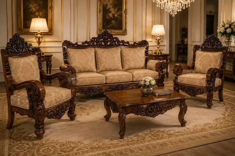 Star Furniture Luxury Royal Carved Wooden Sofa Set | 3+1+1 Seater with Premium Upholstery | Classic Living Room Furniture