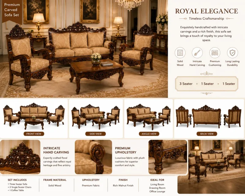 Star Furniture Luxury Royal Carved Wooden Sofa Set | 3+1+1 Seater with Premium Upholstery | Classic Living Room Furniture