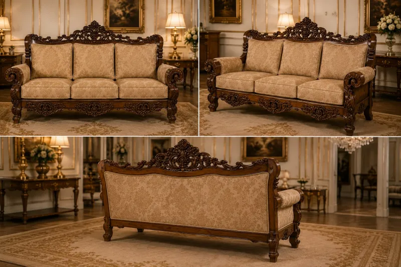 Star Furniture Luxury Royal Carved Wooden Sofa Set | 3+1+1 Seater with Premium Upholstery | Classic Living Room Furniture