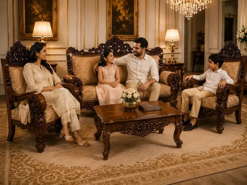 Star Furniture Luxury Royal Carved Wooden Sofa Set | 3+1+1 Seater with Premium Upholstery | Classic Living Room Furniture