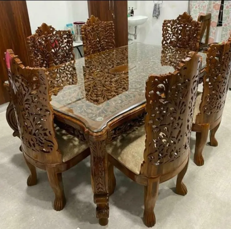 Royal Hand Carved Solid Wood 6 Seater Dining Table Set