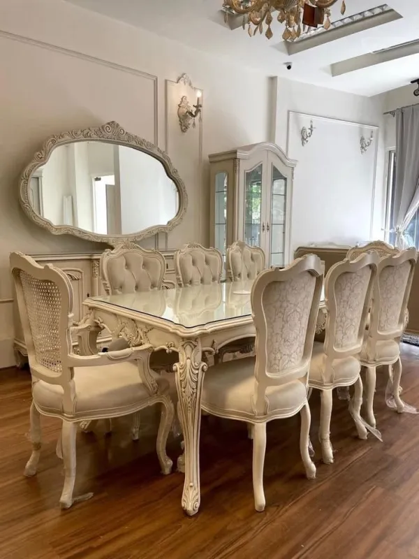 Royal Classic White Carved 8 Seater Dining Table Set