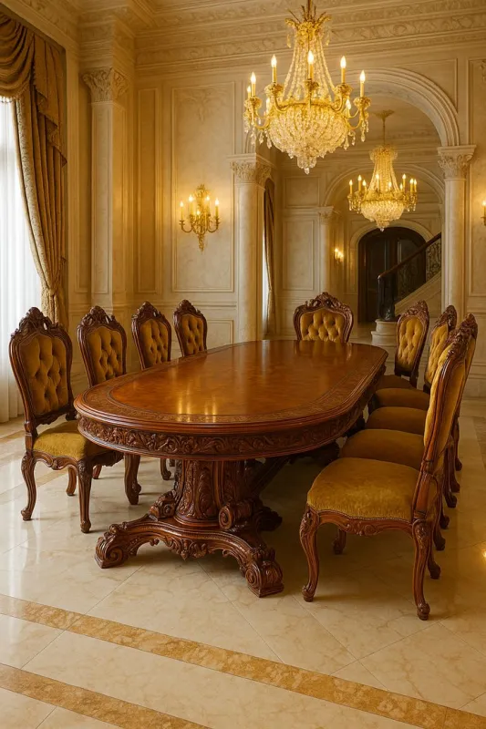 Royal Grand Oval Hand Carved 10 Seater Dining Table Set