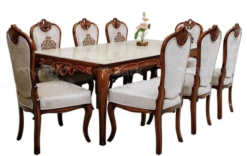Royal Marble Top Solid Wood 8 Seater Dining Table Set