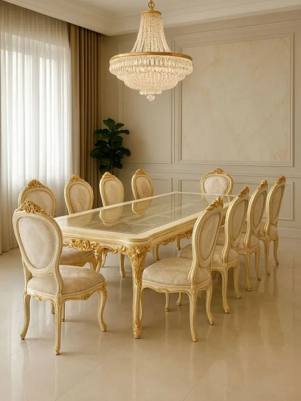 Royal Imperial White & Gold 8 Seater Dining Table Set