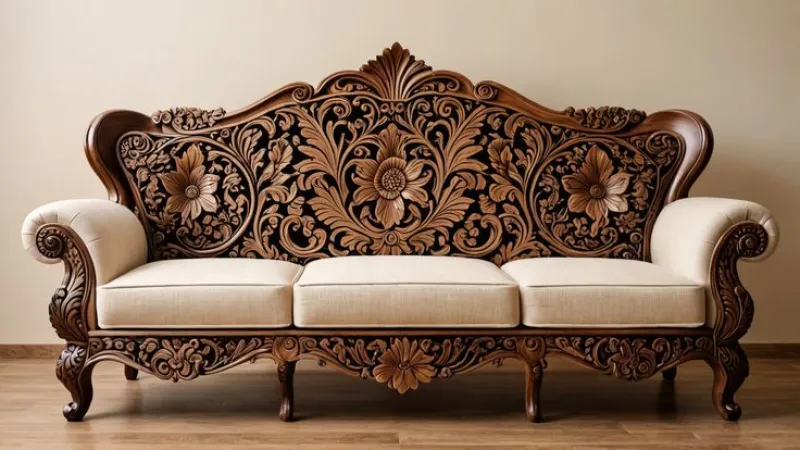 Luxury Floral Hand Carved Wooden Sofa – 3 Seater